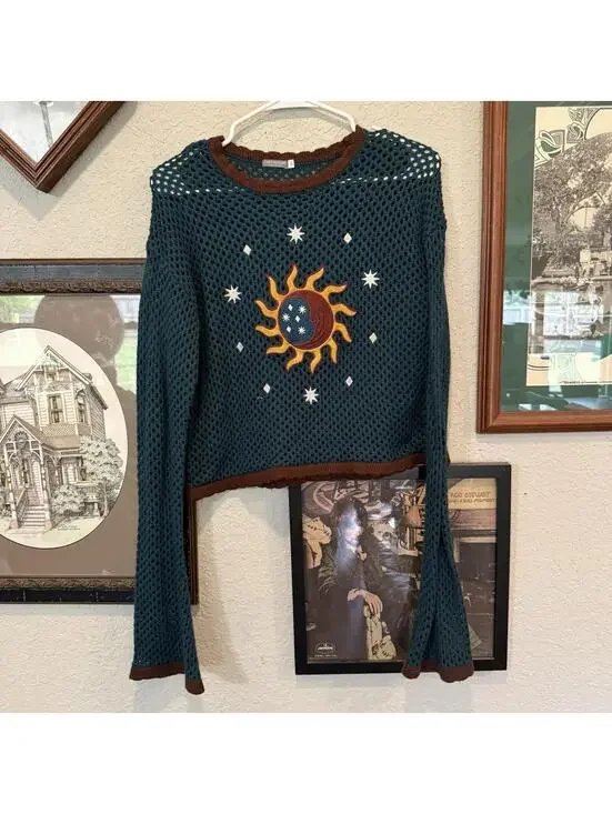 Earthbound Trading Celestial Open Knit Sweater Green Large Hippie Boho Cropped - Picture 1 of 6